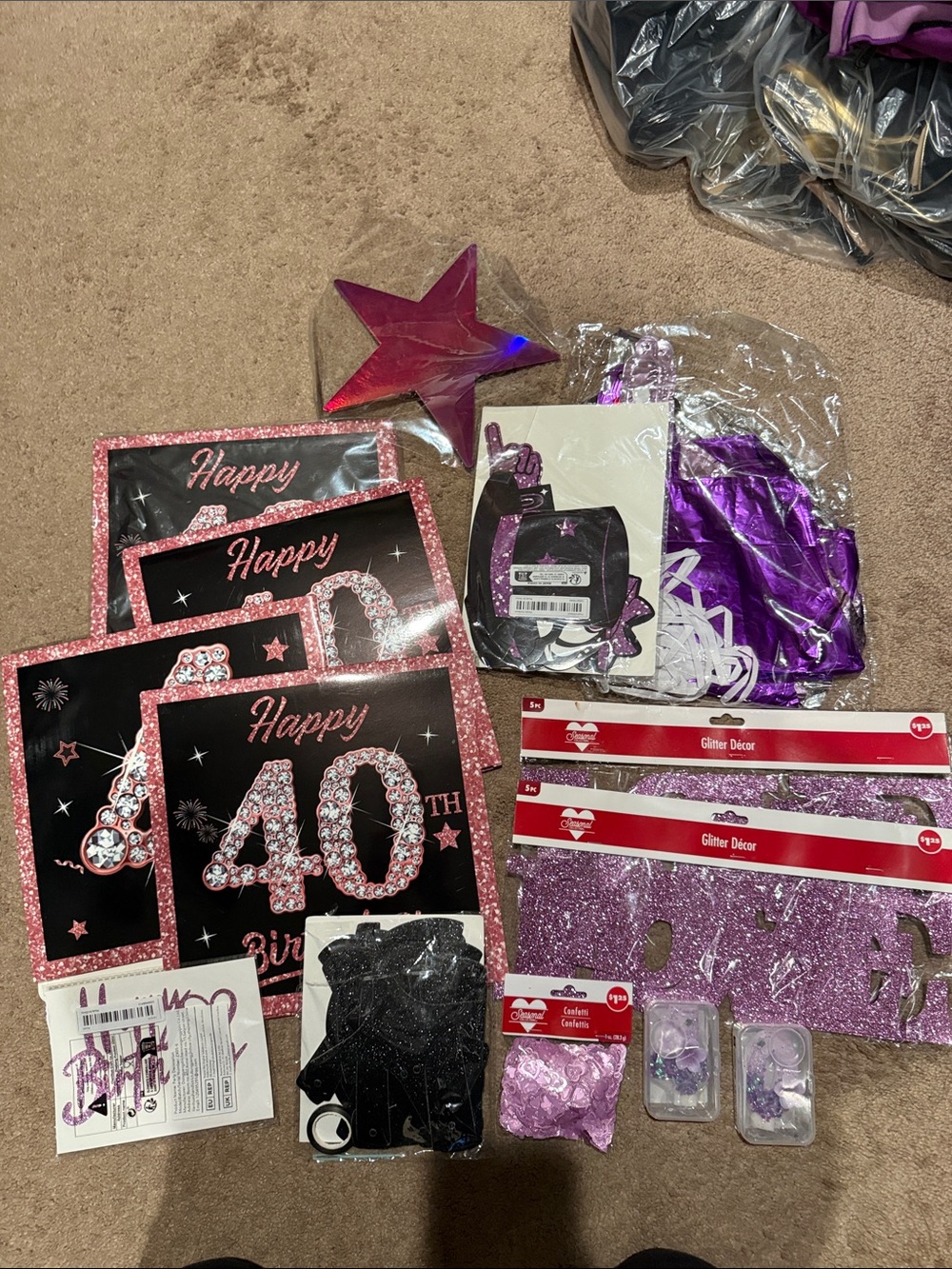 40th Birthday Party Supplies Kit - Purple Pink Glitter Decorations